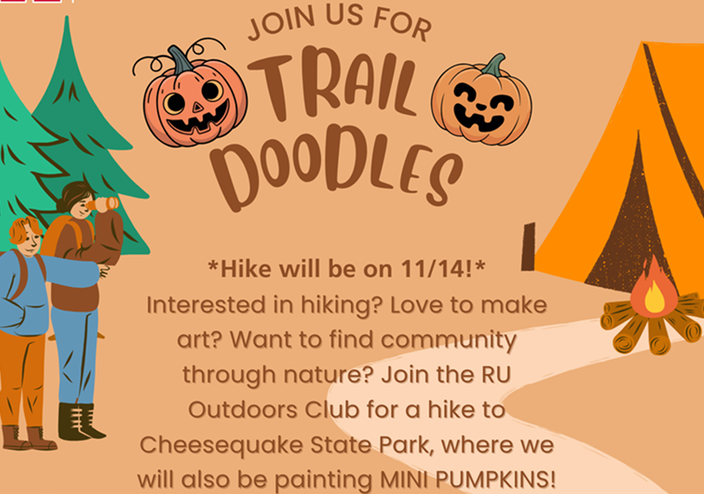 flyer for trail doodles, with image of hikers on left and tent and campfire on right. Beige background brown font