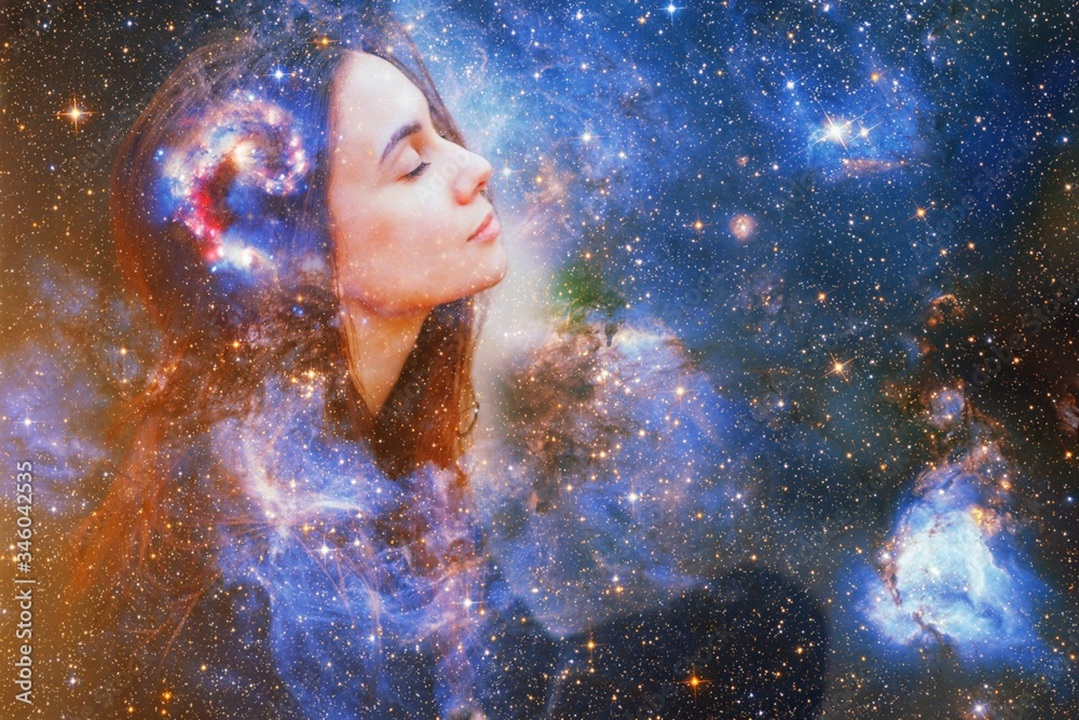Image of woman with eyes closed and background image of space. The woman appears to be daydreaming and imagining.