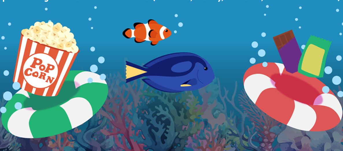 Image of Nemo and another fish under water with life preservers and popcorn shown, advertising this movie night event at the College Ave pool.