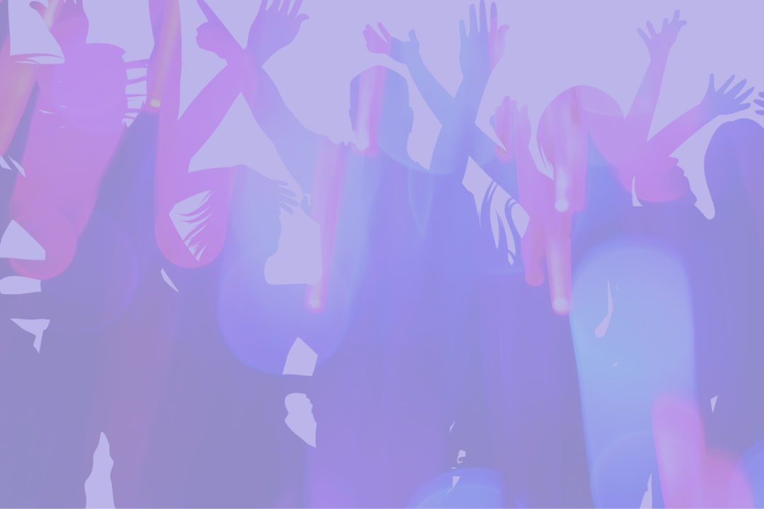 silhouette image of people dancing with hands in the air, purple pink and blue tones