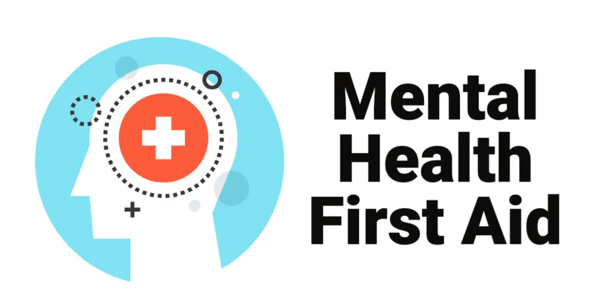 Profile image of a person's head with first aid symbol on their mind, with the words Mental Health First Aid
