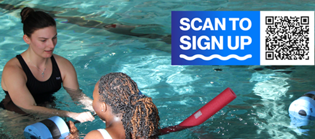 Photo of two women in a pool. One is a swim instructor, the other is a student being assisted in the pool, and leaning on a floating device (noodle).