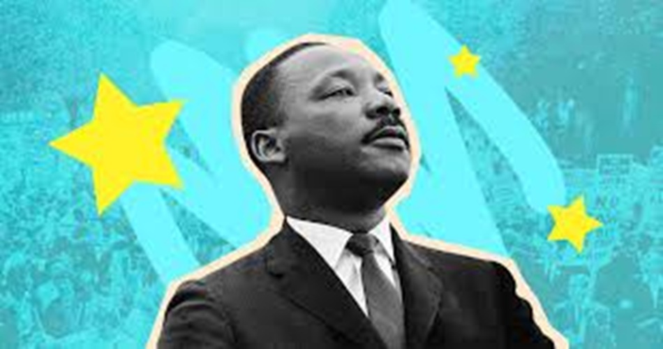 Image of Martin Luther King, Jr. with sky blue background a few yellow stars around him