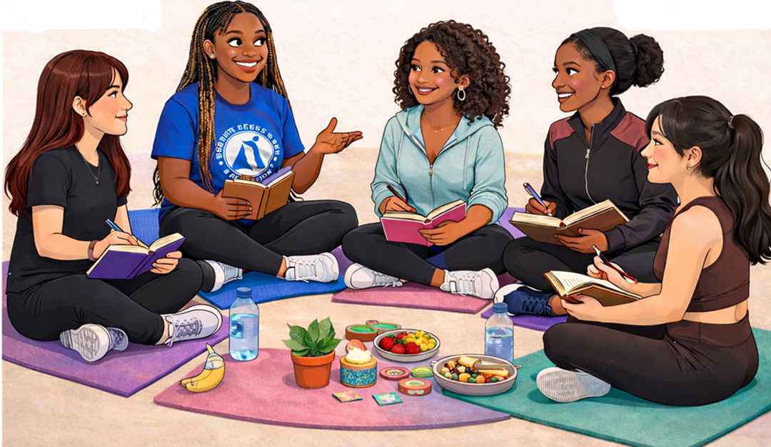 Sketch image of five women sitting on yoga mats and talking, with journals in hand and food to share in front of them.