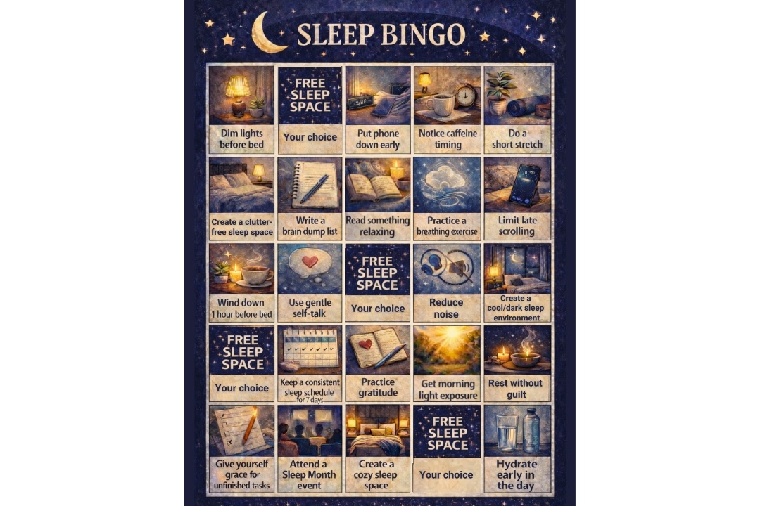 Image of a bingo card with 25 boxes containing ideas for getting better sleep.