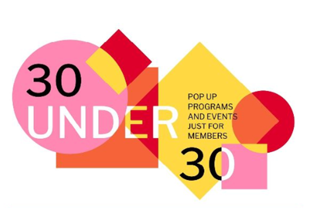 Colorful logo for the Zimmerli Art Museum's programming entitled 30 under 30. The image shows geometric shapes in colors of yellow, pink, orange and red.