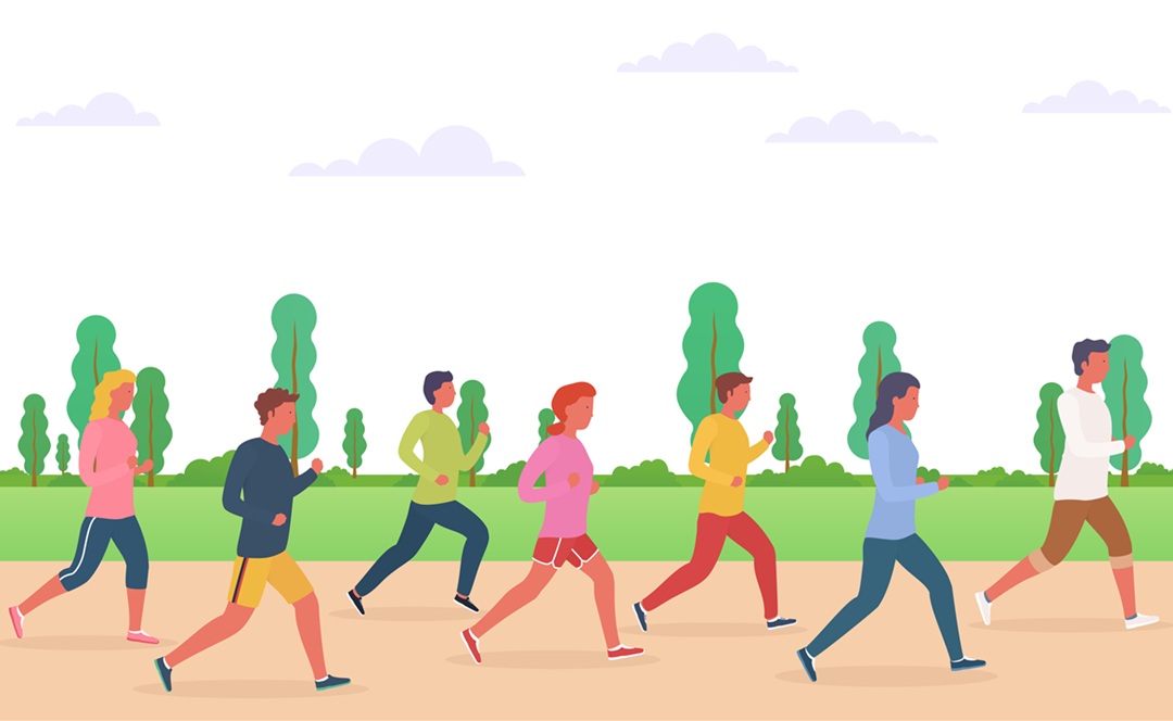 Cartoon image of five adults running or walking briskly outside on a dirt path, with grass and trees in the background.