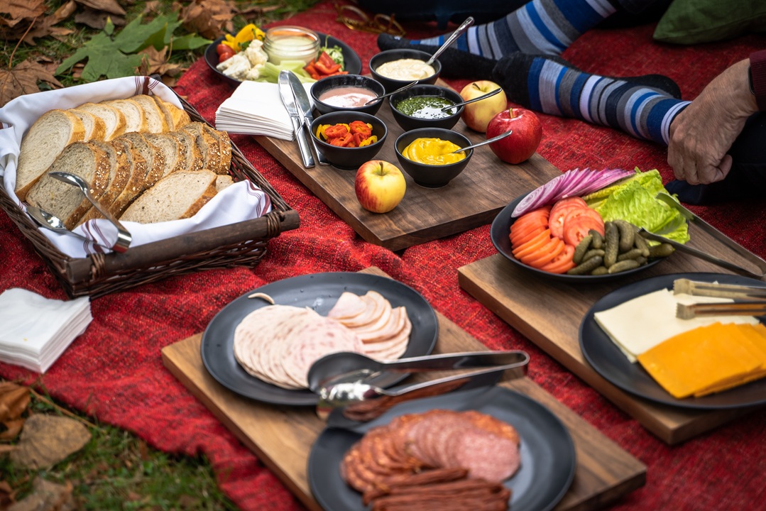 Photo of a variety of charcuterie foods such as deli meat, break, spreads and veggies. The dishes are laid out on a blanket on the grass with a person sitting next to the food.