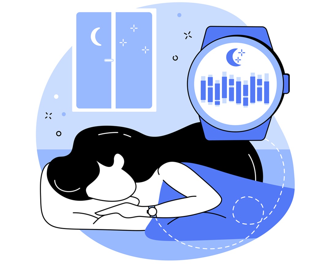 Cartoon image of a woman laying in bed sleeping, wearing a fitness tracking watch, and a closeup image of the face of the watch showing her heart rate