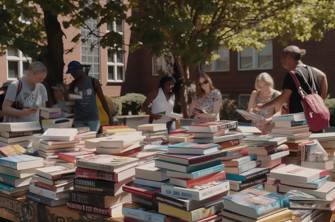 Photo of students looking at books laid out on multiple tables. Tables are set up outside on the college campus.