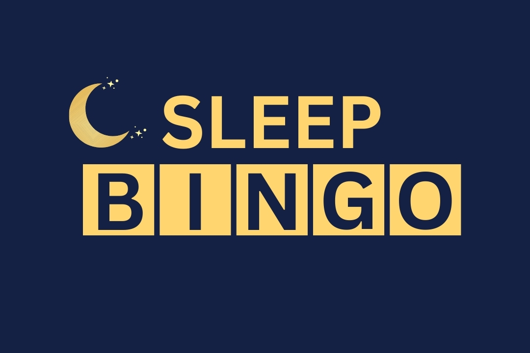 A dark blue graphic featuring a gold crescent moon with small stars and the word ‘Sleep’ in large gold letters, and each letter of ‘BINGO’ is in blue font and inside separate gold squares.
