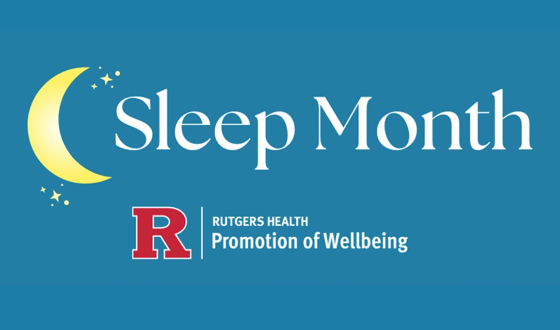 logo for sleep month, with white lettering, blue background and yellow stars and moon in background