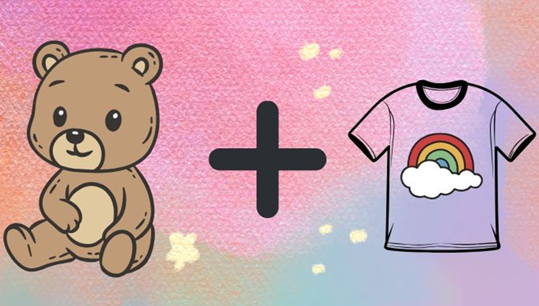 Cartoon image of a brown teddy bear sitting up, a plus sign, and a t-shirt with an image of a rainbow and white cloud on the front.