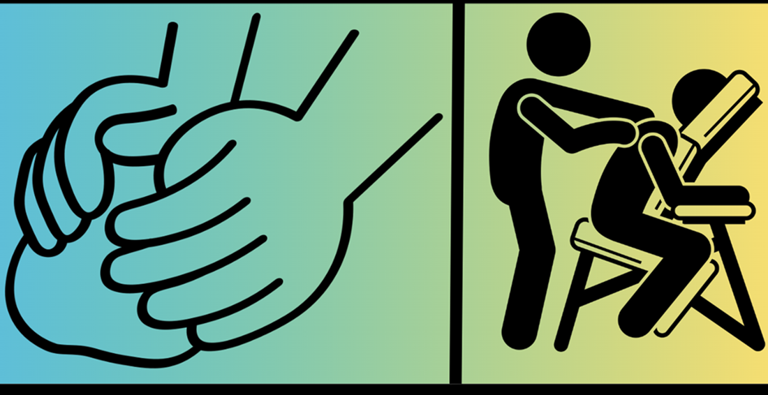 Silhouette image with two parts, one showing hands molding a piece of clay, the other showing someone giving another person a chair massage. Images are in black, background is green and yellow hues.