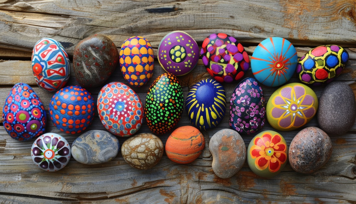 Photo of several small painted rocks in various colors and shapes, arranged on a wooden surface