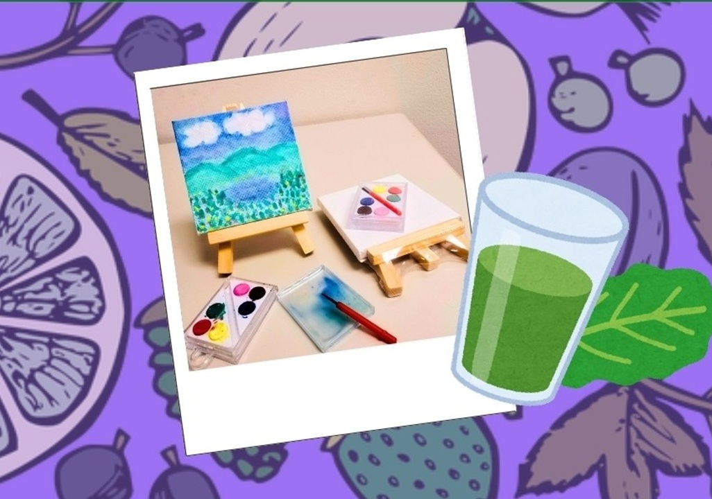 Photo of two art easels and paint supplies on a tan background. Framing the photo are images of fruits and vegetables against a purple background, and a drinking glass partially filled with a green liquid, indicating it's a healthy beverage.