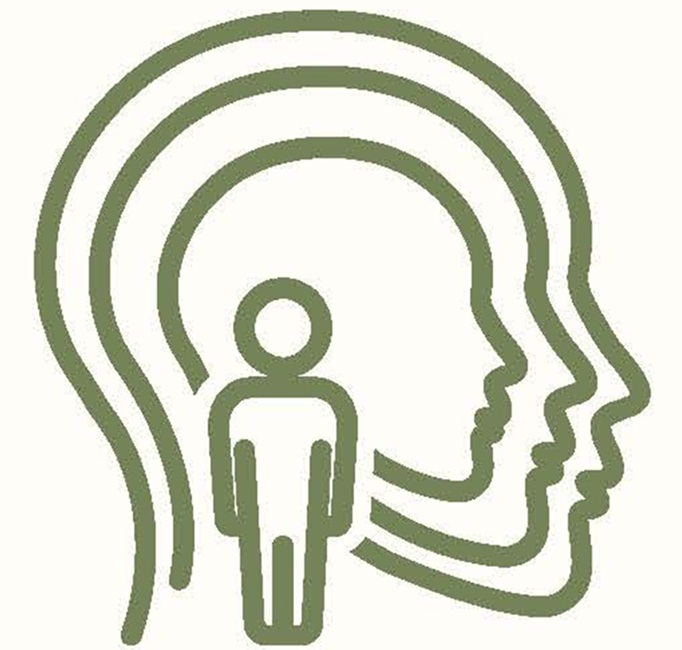 White background with green font outlining a person standing with profile view of 3 heads behind the person.