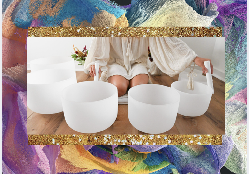 Image of a woman dressed in white, kneeling on a wooden floor, making soft tones with crystal bowls and a crystal mallet. Swirls of color and a gold border frame the image