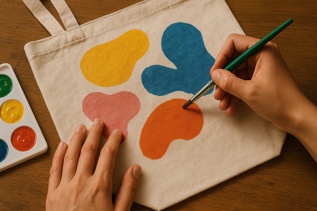Photo of a person painting different colored shapes onto a light tan canvas tote bag