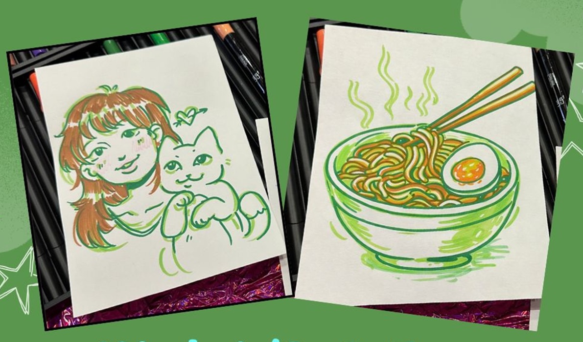 Two images in Kawaii art, one of a girl with a cat, another of a bowl of noodles with chopsticks