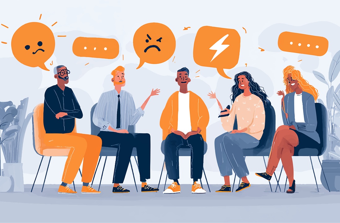 Cartoon image of 5 people sitting on chairs, discussing and sharing their emotions. Image shown in hues of blue and orange.