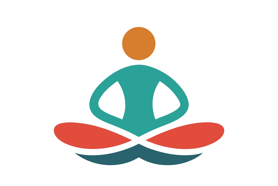 Silhouette image of a person sitting cross-legged in a meditative position. Colors are orange, green and gold