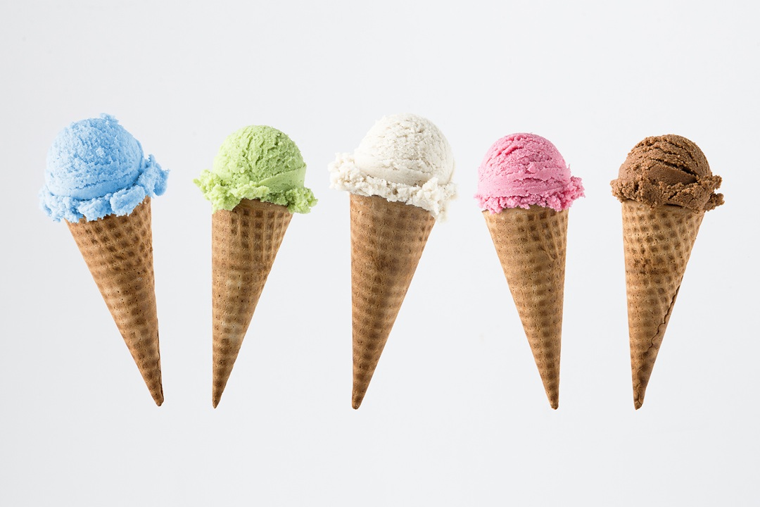 Photo of five ice cream cones of different flavors