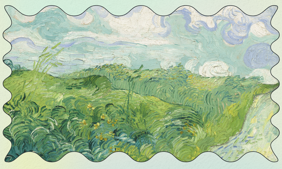 A watercolor painting of a meadow with various grasses and some flowers, and swirls of blue and purple and white puffy clouds in the sky in the background.