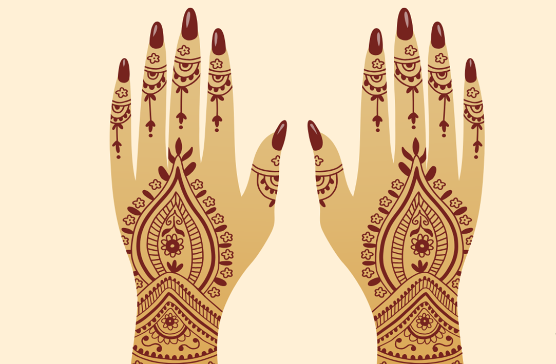 Image of two hands with henna designs drawn on the fingers and back of hand, in brown ink and brown nail polish.