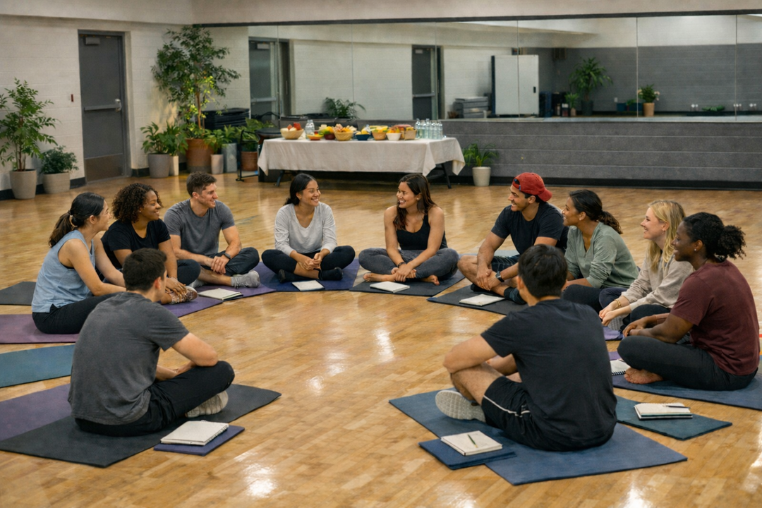 photo of a group of young adults sitting in a circle on mats in a large room, with a journal next to them, having a discussion.