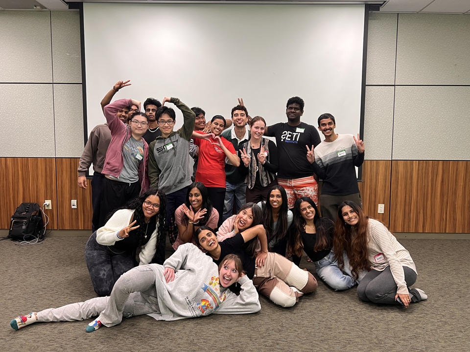 Photo of a group of students in different poses during a prior SKY retreat