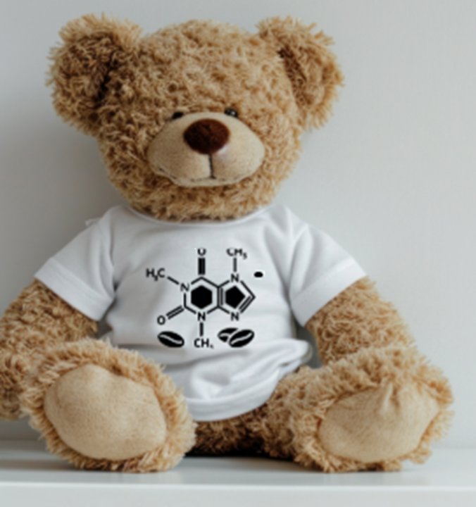 Photo of a tan teddy bear, sitting on a white surface, wearing a white t-shirt with the molecular structure for caffeine printed on it.