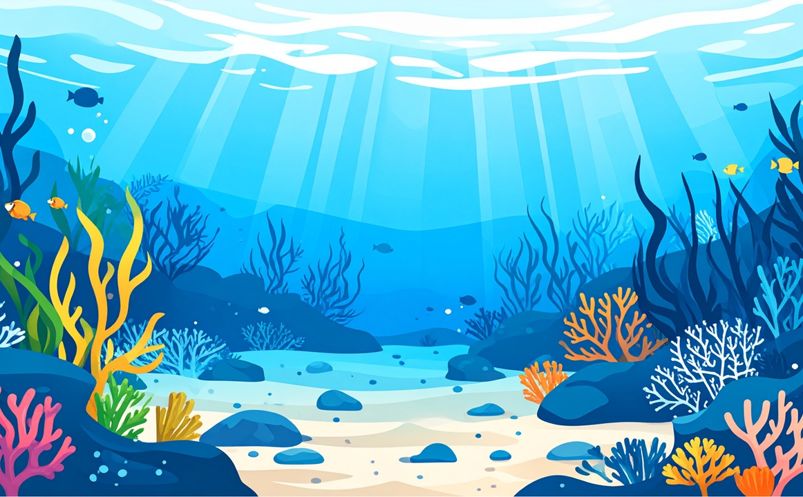 cartoon image of the underwater life in an ocean with sun shining through the water from overhead