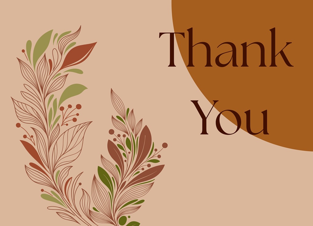 Tan and brown card with the words Thank You and an image of a flowering plan