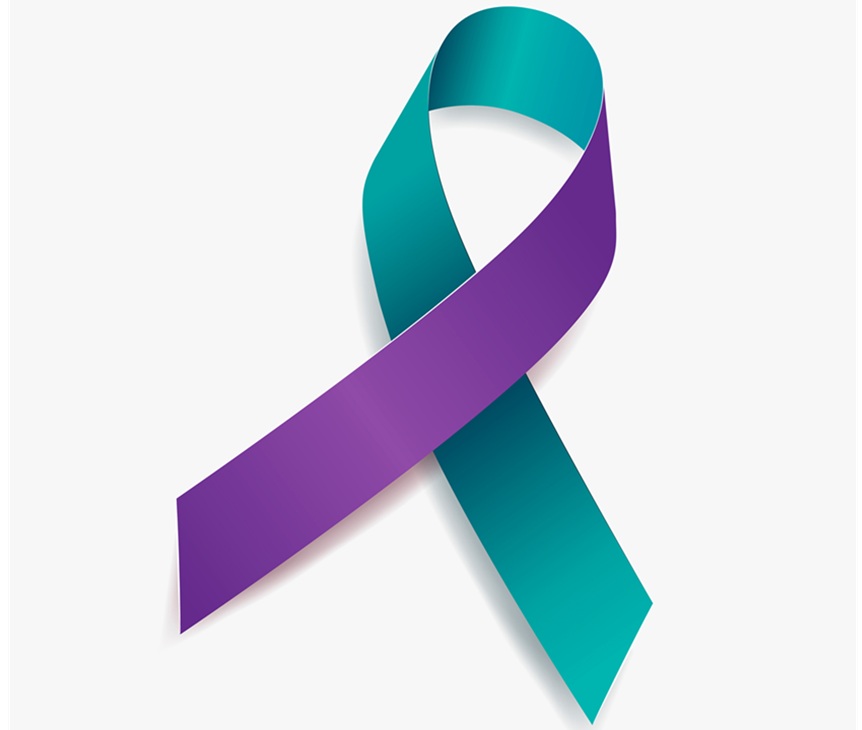 Image of a teal and purple ribbon looped, representing suicide awareness initiative