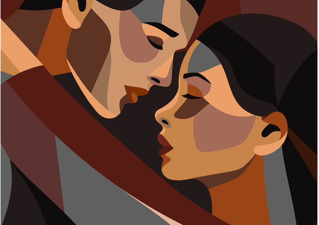 silhouette painting of a man and a woman with heads almost touching, eyes closed. hues of brown tan and grey.