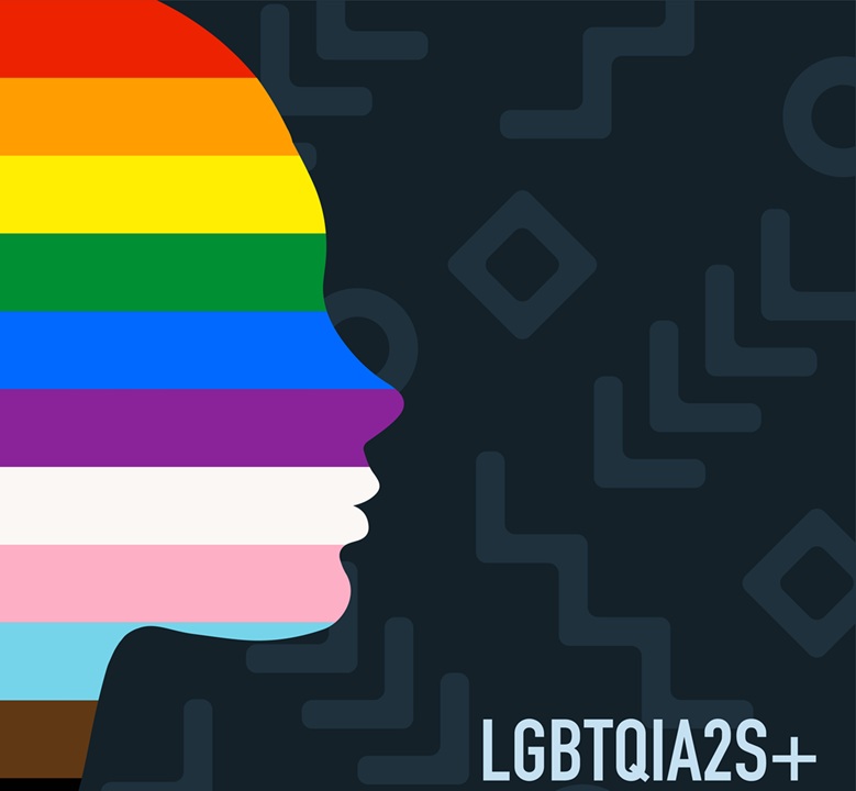 Profile image of a woman's face, with colorful stripes instead of a facial features, and LGBTQIS2S+ in bottom right corner, dark grey background with light grey shapes on it.