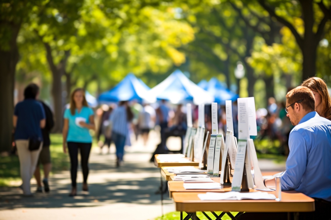 Slightly blurred photo of tables set up on a college campus, providing information for students. There are people walking on tree-lined path. Some tables have sun umbrellas above them in the background.