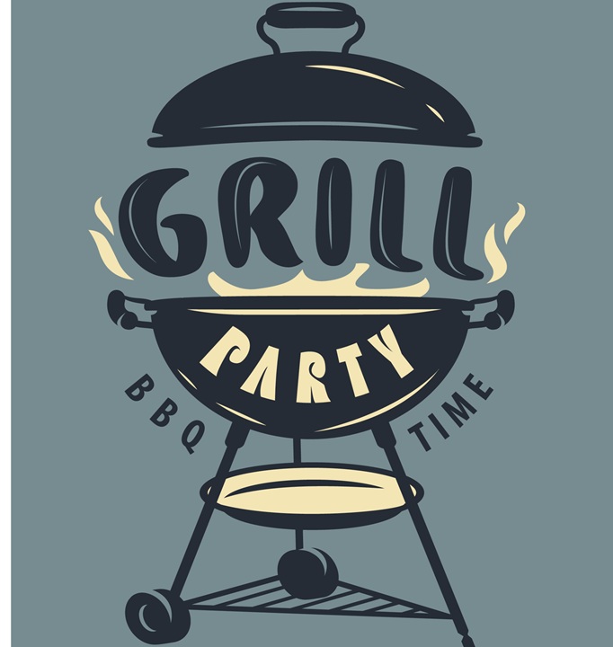 Graphic of a black barbeque grills with a few flames coming out f it, and the words Grill Party BBQ time appearing on and around the grill. Grey background.