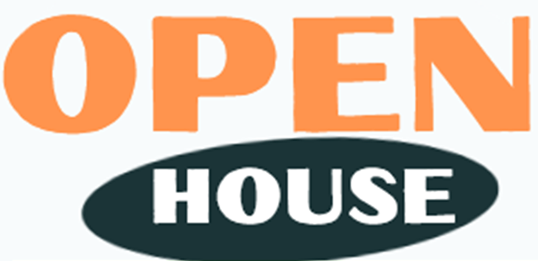 Flyer for an open house event at the Graduate Student Lounge, with the words Open in orange lettering and the word House in white lettering with a dark green elliptical in the background
