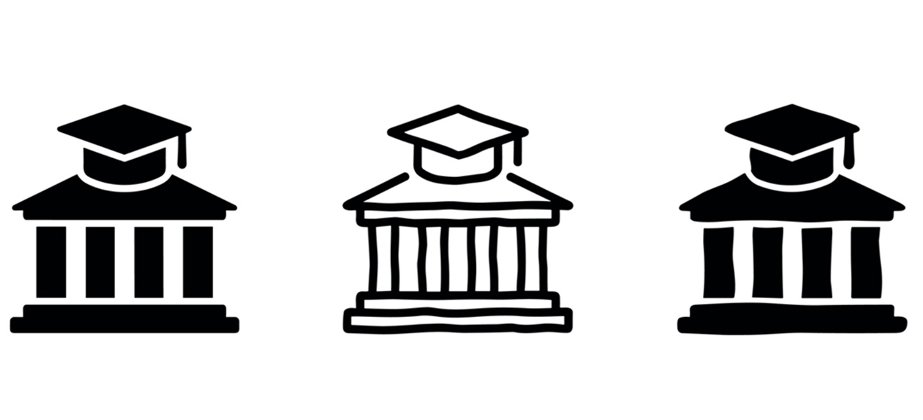 black and white image of three college buildings with pillars and graduation cap on top