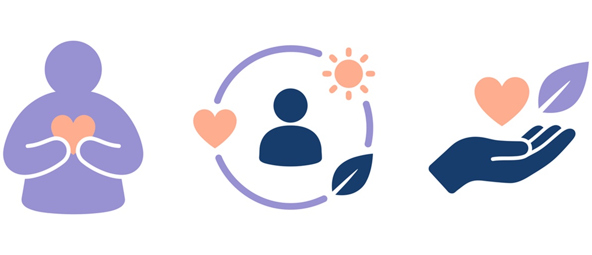 Icons in purple peach and blue representing spirituality, mental health and self care.
