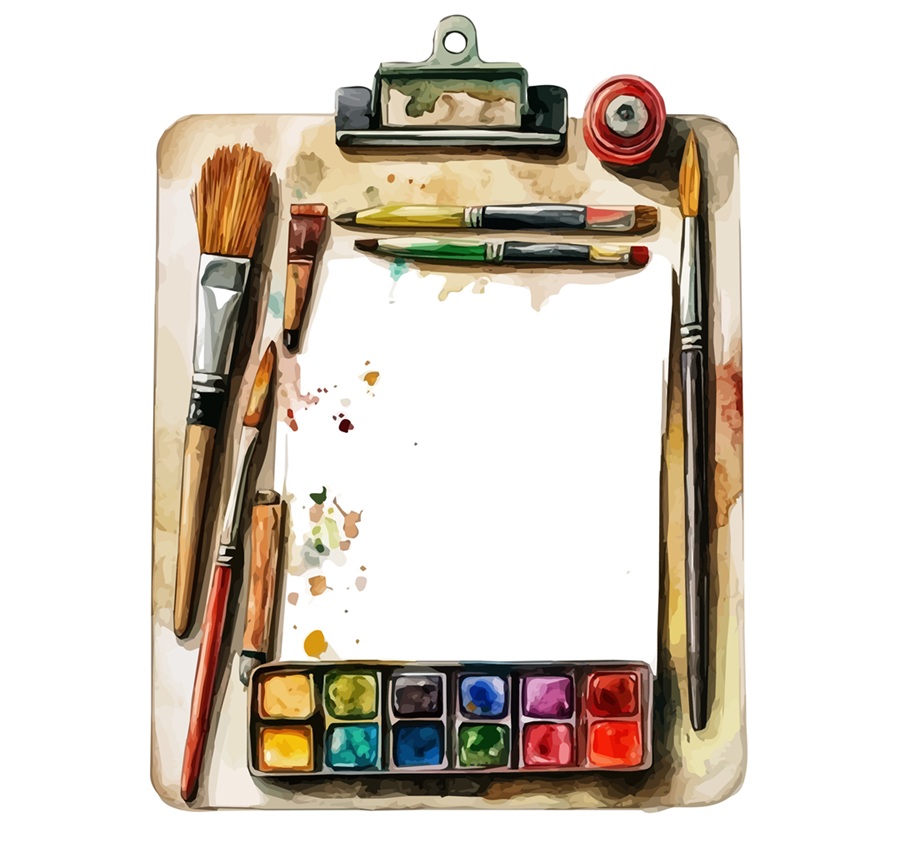 image of a clipboard with paint supplies set on it