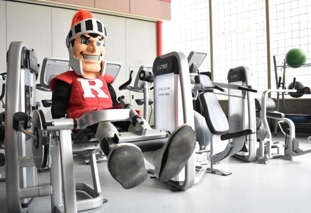 Photo of Rutgers' mascot Sir Henry sitting at an exercise machine in the gym.