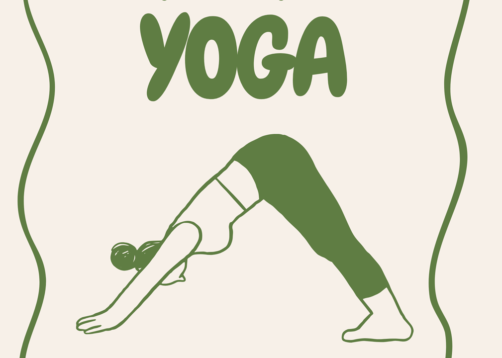 Graphic art impage of a woman in a down dog pose with the word Yoga above it. Image and letters are in green, background is beige
