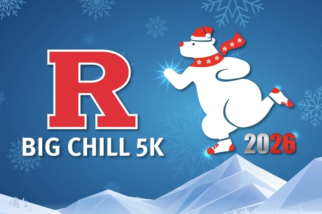 Logo for Rutgers Big Chill 5k run, blue background with snowy mountains at the bottom and a white polar bear in sneakers, and the year 2026 bottom right